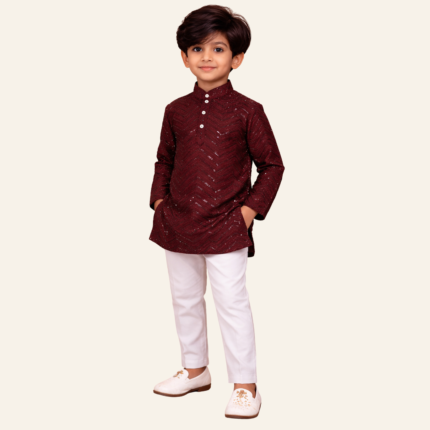 Boys Maroon Embroidered Kurta with White Pants – Festive Ethnic Set