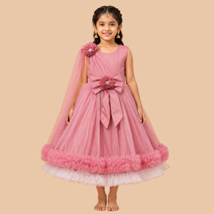 Girls Elegant Pink Party Wear Gown with Floral Bow & Attached Cape