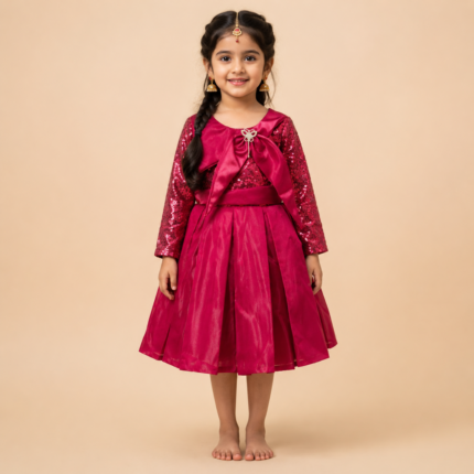 Girls Wine Red Party Wear Dress with Sequin Sleeves